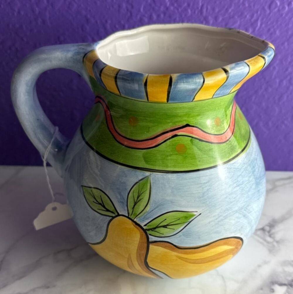 Vintage Hausenware Ceramic Pitcher Hand Painted Pear Fruit Blue Yellow